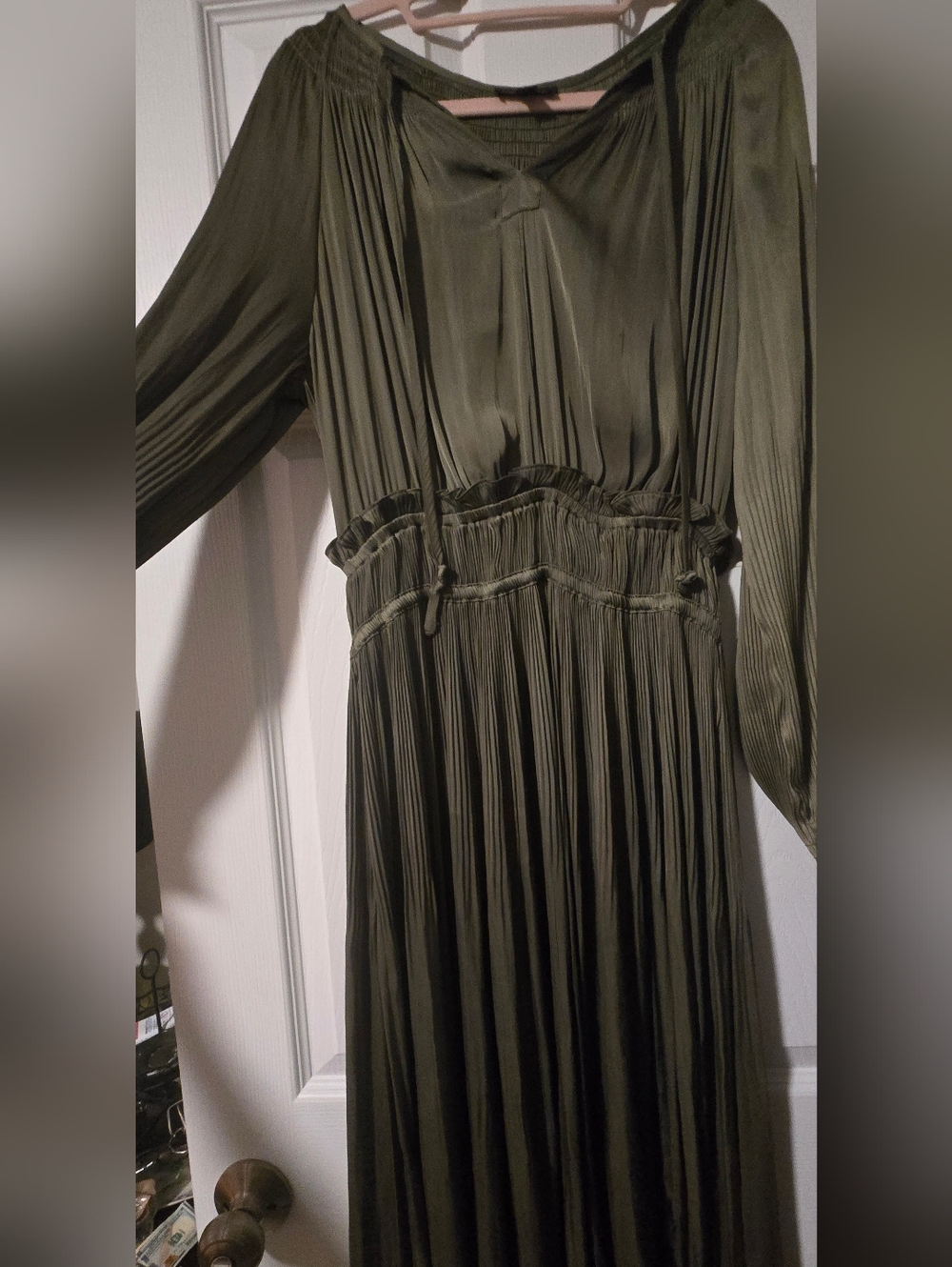 Current Air Olive Long-Sleeve Pleated Maxi Dress